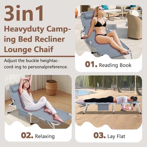 Majnesvon - 3-in-1 Heavy Duty Tanning Chair with Face Hole Adjustable 5-Position Folding Chaise Lounge Chairs Portable Lay Flat Beach Lounge Chair for Outdoor Sunbathing Patio Pool Lawn Camping Deck (Gray)