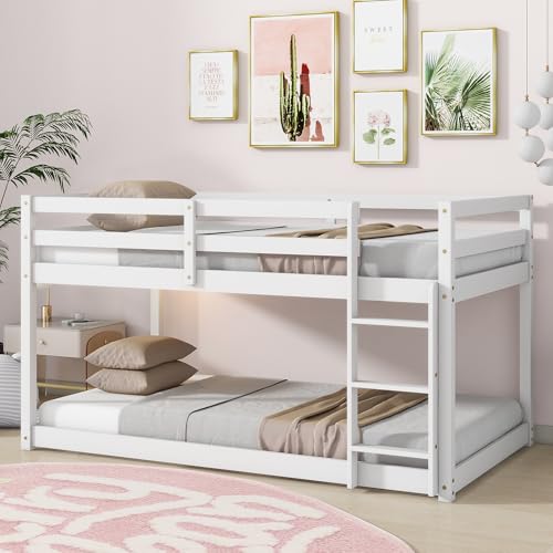 Majnesvon Solid Wood Twin Over Twin Bunk Bed Frame with Full Guardrails & Integrated Ladder