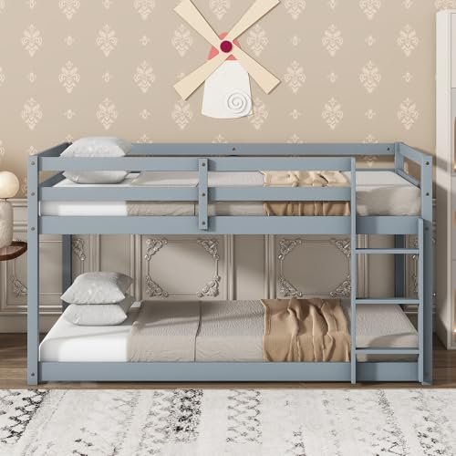 Majnesvon - Majnesvon Twin Over Twin Floor Low Bunk Bed with Safety Guardrail