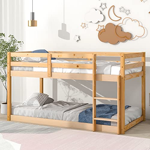Majnesvon Twin Over Twin Low Bunk Bed with Safety Guardrail