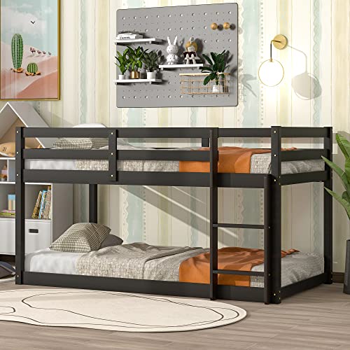 Majnesvon Twin Over Twin Low Bunk Bed with Safety Guardrail